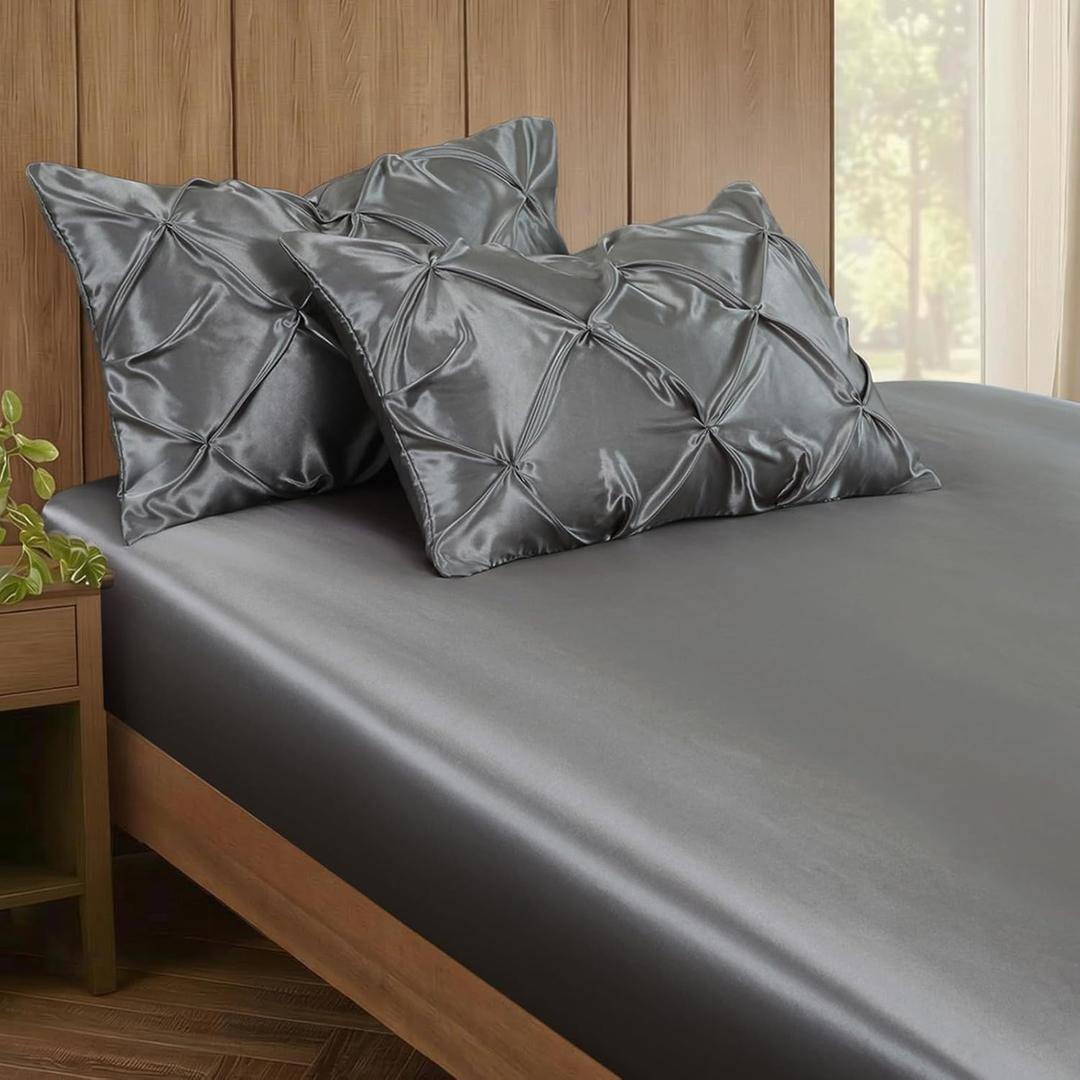 P Pothuiny 3-Piece Set Pintuck Satin Pillowcases & Queen Fitted Sheet, Grey Satin Sheet Silky Soft Luxury Romantic Pinch Pleated Bedding Bedroom Dorm Decor, 15 Inch Deep Pocket
