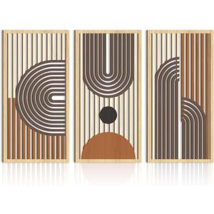 IARTTOP Mid century Modern Decor 16x32 Inch Large Boho Wood Wall Art Abstract Wooden Wall Decor Minimalist Bohemian Orange Artwork for Living Room Bedroom Office Set of 3