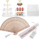50 Sets Wooden Hand Fan Wood Handheld Folding Fans with Organza Bags and Thank You Tag and Tassels Wedding Party Favors And 10 Pack Dessert Table Display Set, 4 Three-Tier Square Cupcake Stands and 6 Serving Trays for Cakes, Cupcakes, Pastries and Snacks, Baby Shower Decorations, Bridal Shower, Birthday, Wedding Party