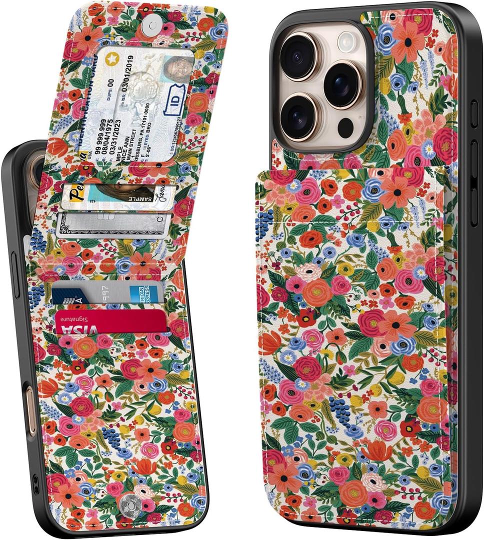 Bemal for iPhone 16 Pro Wallet Case, Built-in Card Holder, Fashion Printed, RFID Blocking, PU Leather Kickstand, Magnetic Closure, Shockproof Phone Cover for Women and Men, Flower Garden