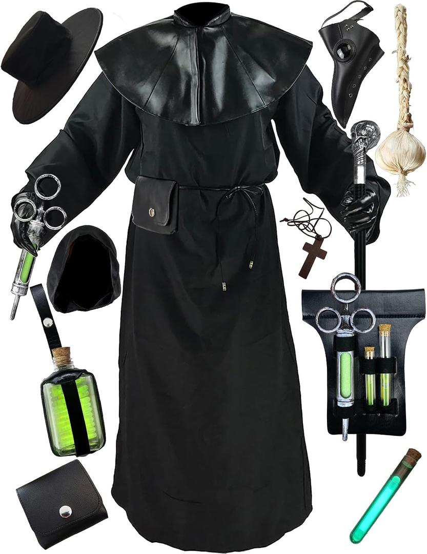 Absolute Vibe Plague Doctor Costume Cloak Robe Halloween Props Medieval Monk Priest Renaissance Cosplay (Black, XS)