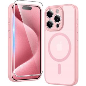 FNTCASE for iPhone 15 Pro Case: Matte Magnetic Phone Cases with Screen Protector Compatible with Magsafe Slim Anti Yellowing Rugged Shockproof Protective Translucent Cell Phone Cover (C-Pink)