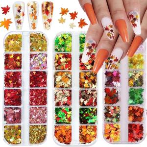 2 x Fall Leaf Glitter Nail Sequins,3 Boxes Holographic Maple Leaf Nail Art Flakes Orange Red Gold Autumn Glitter Sticker Decals Manicure DIY Thanksgiving Decorations 36 Styles (Style01)