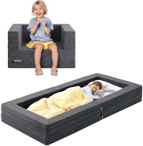 WeeGuruu Travel Toddler Bed, 3-in-1 Convertible Sofa Bed for Toddler Portable Floor Beds, Flip Open Sofa Lounger for Girls and Boys, Made with High-Density Foam and Washable Cover, Gray