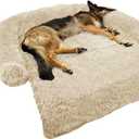 Calming Dog Bed Fluffy Plush Dog Mat for Furniture Protector with Removable Washable Cover for Large  Dogs and Cats (Large, Beige) (45.0"L x 37.0" W x 6.0"Th)