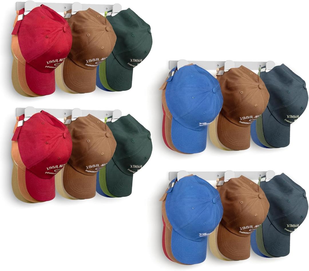 KIMBORA 4 Packs Hat Rack for Wall, Hat Organizer for Baseball Caps Holds 36 pcs, 3 Mounting Options Cap Hook Hanger, Strong Snapback Holder Storage Display for Door, Room, Closet (White)