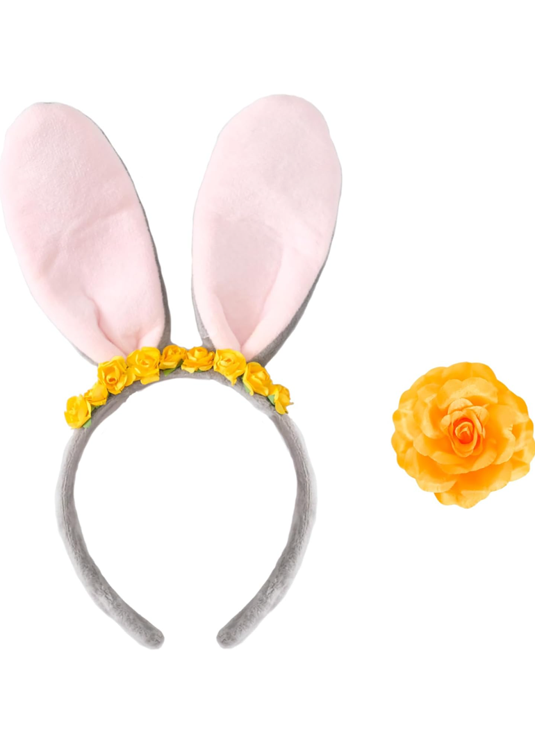 2PCS Bunny Costume Accessories Animal Rabbit Ear Headband Floral Pin Women Halloween Cosplay 2 Pack