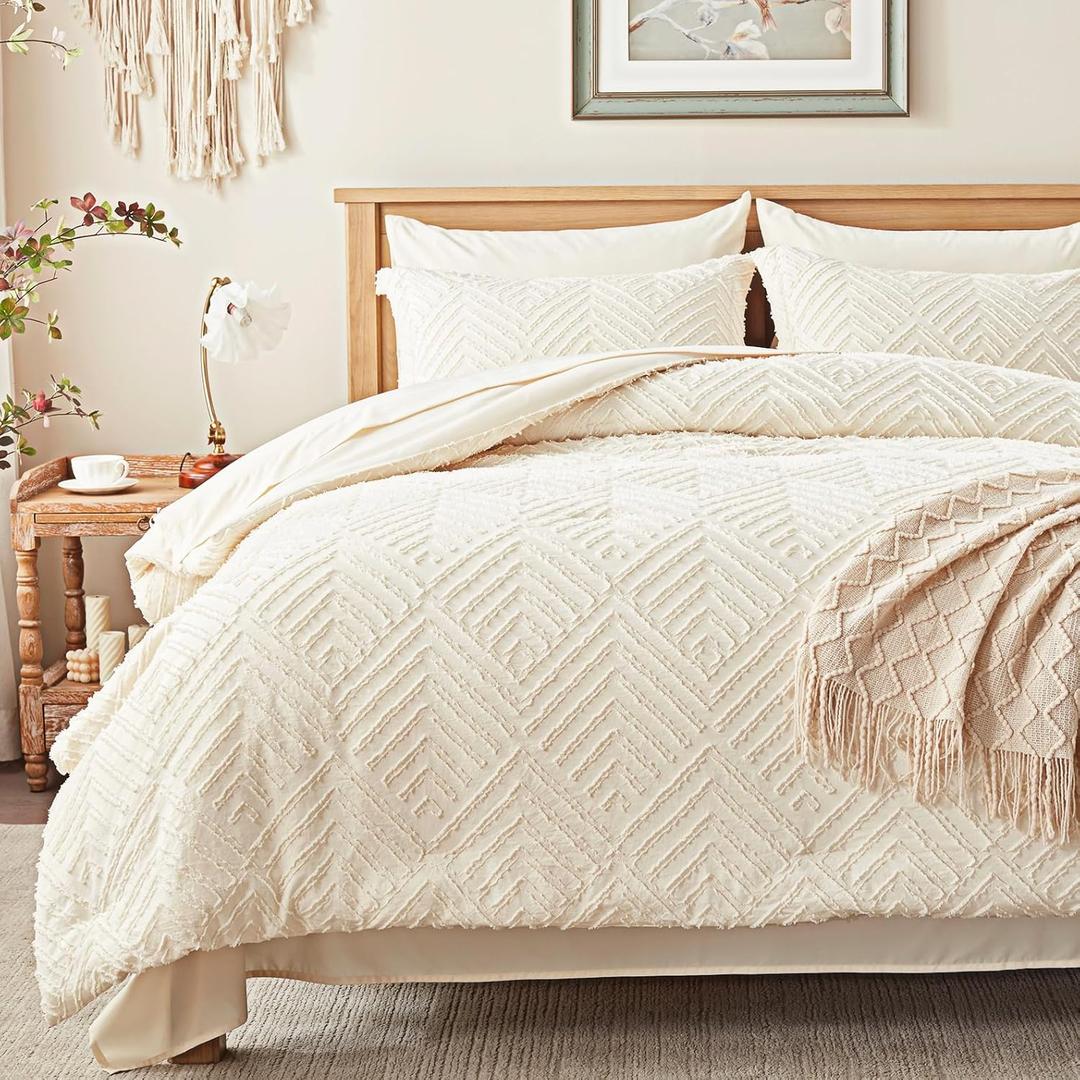 Zzlpp Twin Comforter Set 5 Pieces, Cream Tufted Bed in a Bag with Comforter and Pillowcase, All Season Boho Bedding Sets with 1 Comforter, 1 Pillow Sham, 1 Flat Sheet, 1 Fitted Sheet
