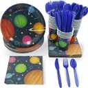 Juvale Outer Space Party Supplies Bundle Plates, Napkins, Cups, and Cutlery - Serves 24, 144 Total Pieces for a Fun and Memorable Birthday Celebration - Space Party Plates