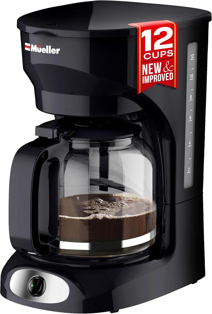 Mueller 12-Cup Drip Coffee Maker - Borosilicate Carafe, Auto-Off, Reusable Filter, Anti-Drip, Keep-Warm Function, Clear Water Level Window Coffee Machine, Kitchen Essentials & Accessories (Black)