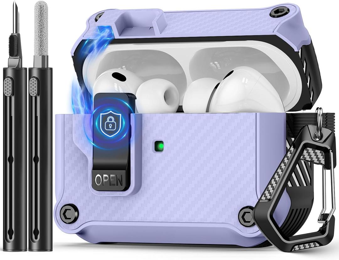 Pohgelan Compatible with AirPods Pro 3 Case,Magnetic Automatic Lock with Cleaning Kit,Compatible with Magsafe,Carbon Fiber Texture Cover-Purple