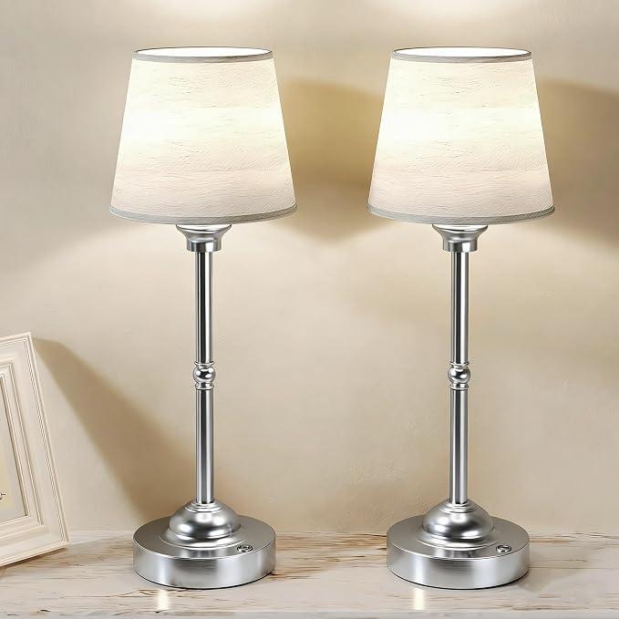CHLORANTHUS 2 Pack Cordless Table Lamps, 3 Colors Stepless Dimming Fabric Desk Lamp, 6000mAh Rechargeable Battery LED Desk Lamp, Touch Night Light for Bedroom, Dining, Desk, Cafe