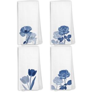 Navy Blue Kitchen Hand Towels, Cottagecore Floral Dish Towels for Kitchen, Blue Tulip Poppy Rose Flower Hand Towel Decorative Set, Cottagecore Flower Bathroom Decor