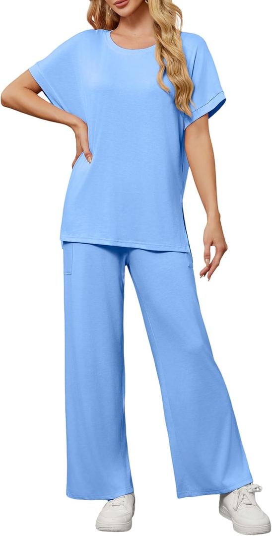 Womens 2 Piece Outfits Shorts Sleeve Tops Wide Leg Pants Casual Trendy Lounge Matching Set 2025 (Blue, XL)