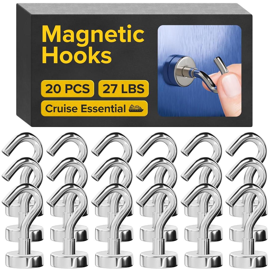 Magnetic Hooks 27 LBS (Pack of 20) - Heavy Duty Neodymium Magnetic Hooks for Cruise Cabins - Strong Rare Earth Magnets for Hanging on Refrigerator, Grill, Cruise Cabin Walls, Ship Essentials