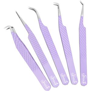 SIVOTE Lash Tweezers for Eyelash Extensions, Pack of 5 Purple  Lash Extension Tweezers Set with Diamond Grip, Precision Fiber Tip for Volume Eyelash Extensions