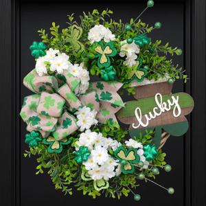 Bibelot 20" St. Patricks Day Decorations for Front Door Artificial Green Wreath Lucky Shamrock Board Clover Bow Leaves and Flowers Spring Summer Home Party Outdoor/Indoor Farmhouse Porch Decor