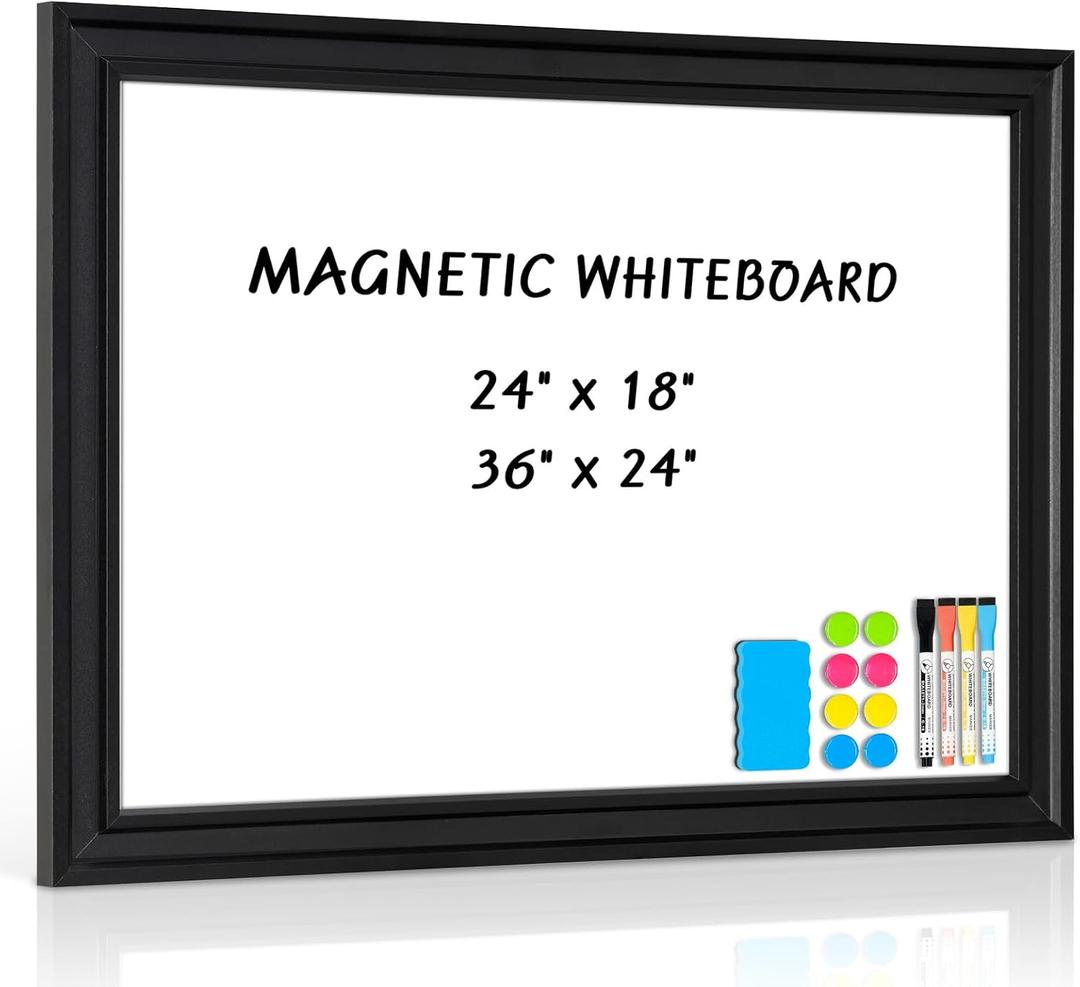White Board for Wall, 24''x18'' Magnetic Dry Erase Board, Decorative Whiteboard with Black Wooden Frame, Hanging Writing Board for Home Office School Dorm