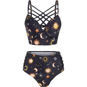 Women's Bikini Summer Bathing Suit Sun Star Moon Lattice High Waisted Tankini Swimsuit (Large, Yellow)