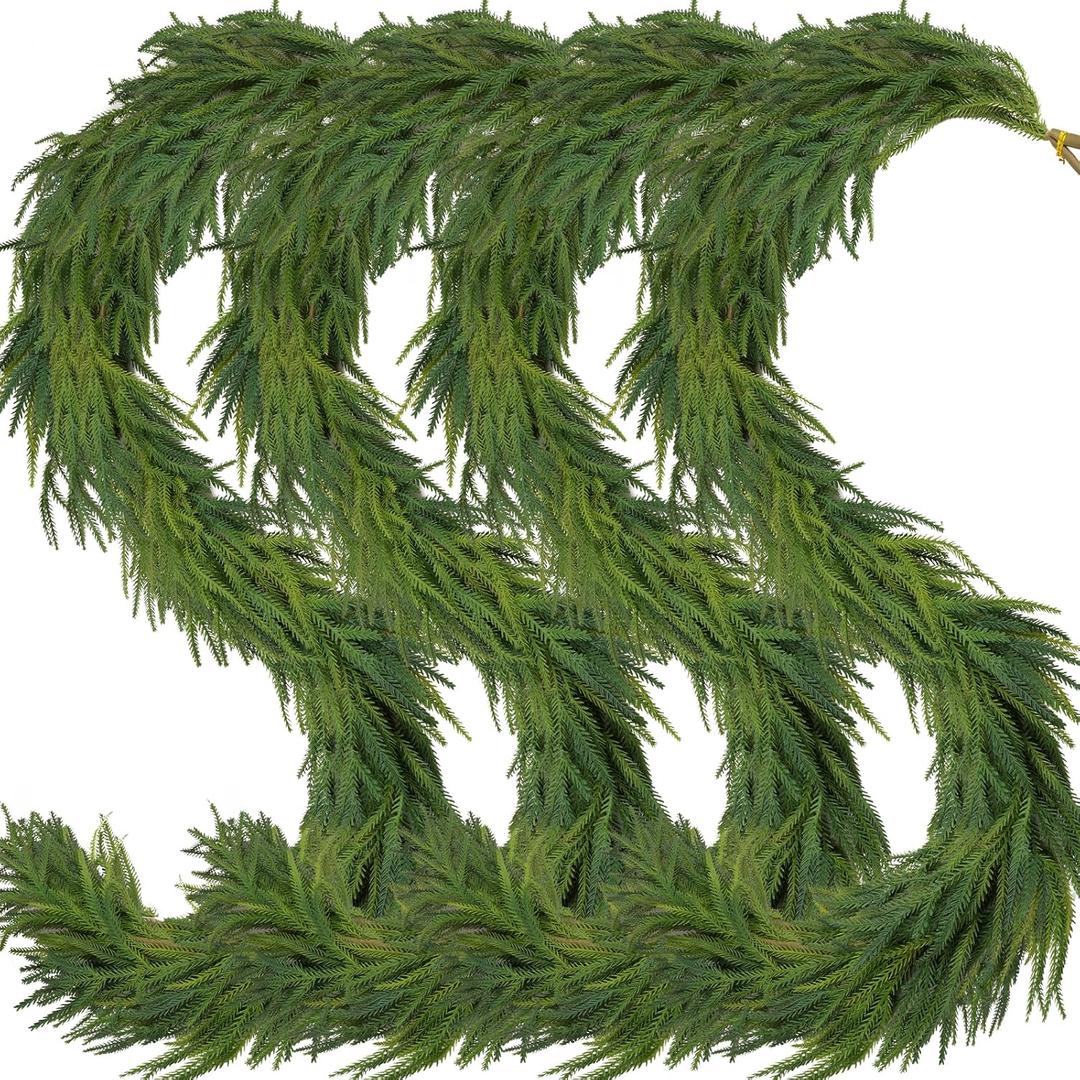 4 Pcs Artificial Norfolk Pine Garlands Christmas, 9 FT Dense Real Touch Winter Pine Garland Ornament, Green Artificial Greenery Garland for Table, Mantle, Wall, Indoor, Outdoor Christmas Decorations