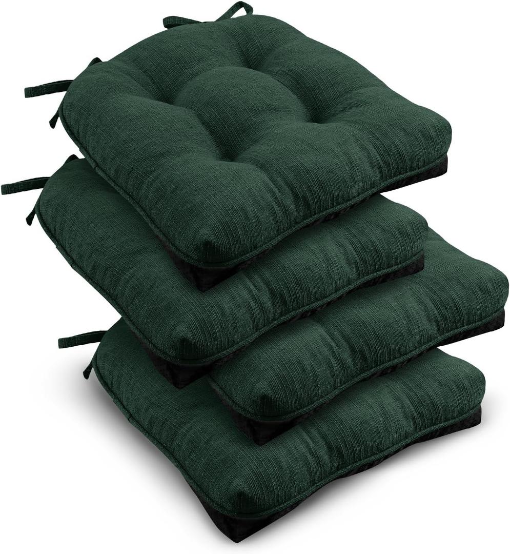 downluxe Indoor Chair Cushions for Dining Chairs, Tufted Overstuffed Textured Kitchen Chair Pads with Ties and Non-Slip Backing, 15.5" x 15.5" x 4", Dark Green, 4 Pack