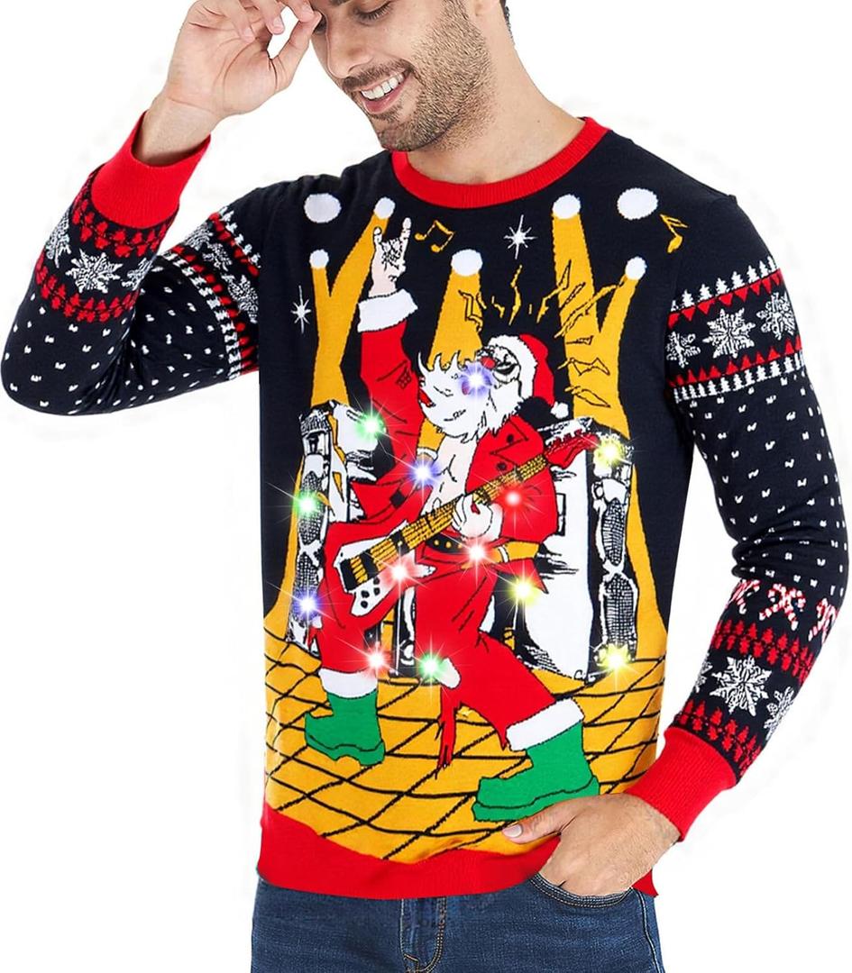 RAISEVERN LED Men Ugly Christmas Sweater Funny Light Up Xmas Party Long Sleeve Knitted Pullover (Black, M)