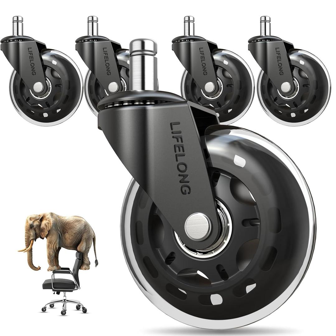 Lifelong Original Office Chair Wheels (As Seen On CNN) Replacement Rubber Chair Casters for Hardwood Floors and Carpet, Set of 5, Heavy Duty Casters for Chairs to Replace Office Chair Mats - Fits 98% (3 Inch, Clear)