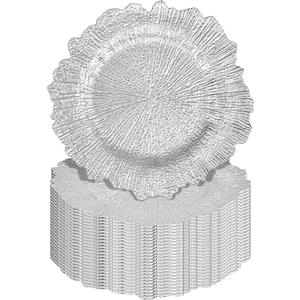 24Pcs Silver Charger Plates Round 13inch, Reef Plate Chargers for Dinner, Bulk Plastic Floral Table Charger Plates for Dinner Wedding Party Event Table Setting Decoration(Silver)