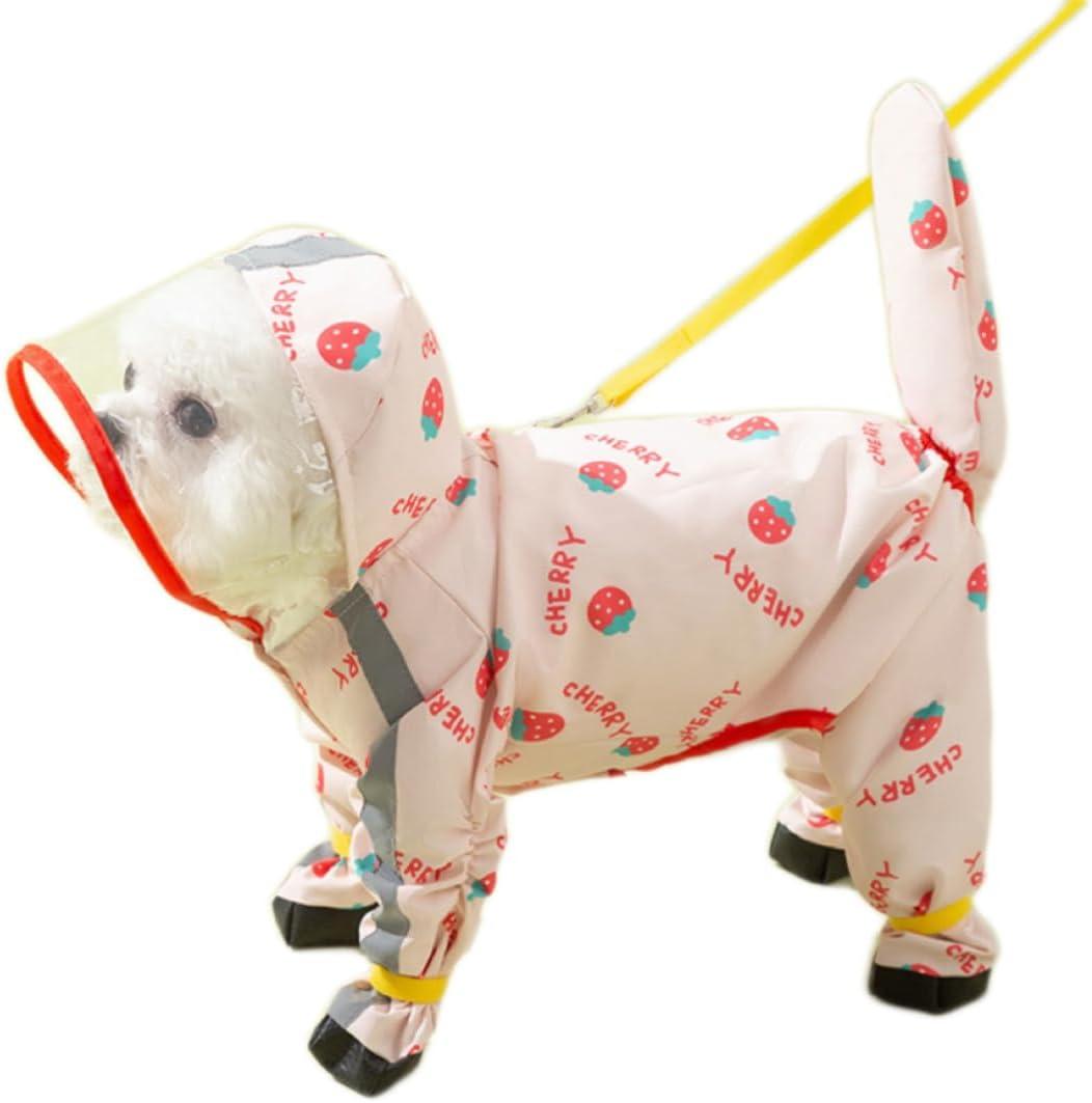 Waterproof Dog Raincoat,Full Coverage 4 Legs Dog Rain Jacket for Small Dogs,Pet Rain Coat with Hood,Reflective Strips&Leash Hole Outdoor Raincoat (Medium for Weight 5.1-8.1 lb, Strawberry)