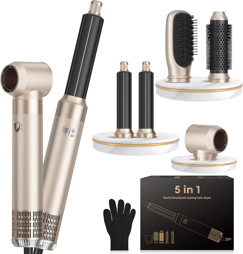 5 in 1 Hair Dryer Brush Set,Professional Negative Ionic Hot Air Styler, Air Curling Wrap Styler,Detachable Blow Dryer Brush With Auto Wrap Curlers,Hair Styling Tools For Straight/Curl/Drying/Smoothing (Champagne Gold)