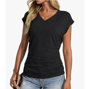 Womens Summer Cap Sleeve Ruched Tops V Neck T Shirts Casual Short Sleeve Shirts Loose Fit Spring Outfit 2025 M