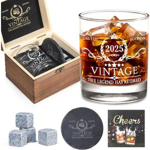 Retirement Gifts for Men Whiskey Glass Set - The Legend Has Retired 2025 - Retirement Party Decorations, Supplies - Gifts Ideas for Him, Dad, Husband, Friends - Wood Box & Whiskey Stones & Coaster