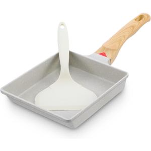 Japanese Omelette Pan, Tamagoyaki Egg Pan, Nonstick Frying Pan with Spatula, Healthy Granite Cookware, PFOS & PFOA Free, 6" x 7" (White)