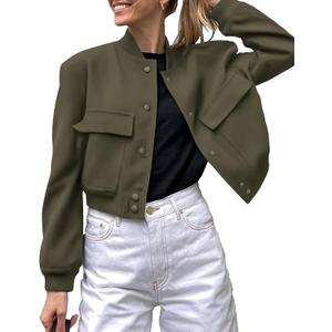 Zeagoo Women Bomber Jacket Casual Button Down Varsity Jackets Shackets With Pockets Outwear (Small, Army Green)