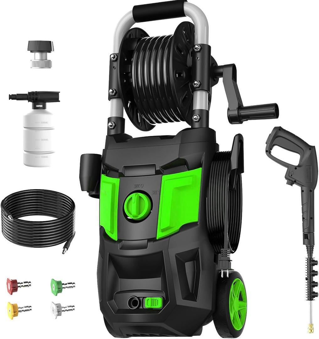 Electric Pressure Washer, 5000PSI Max 3.2 GPM Power Washer with 20FT Hose, 35FT Power Cord, 4 Nozzles, Foam Cannon & Spray Gun, High Pressure Washer for Car, Patio, Fence, Window (Olive)