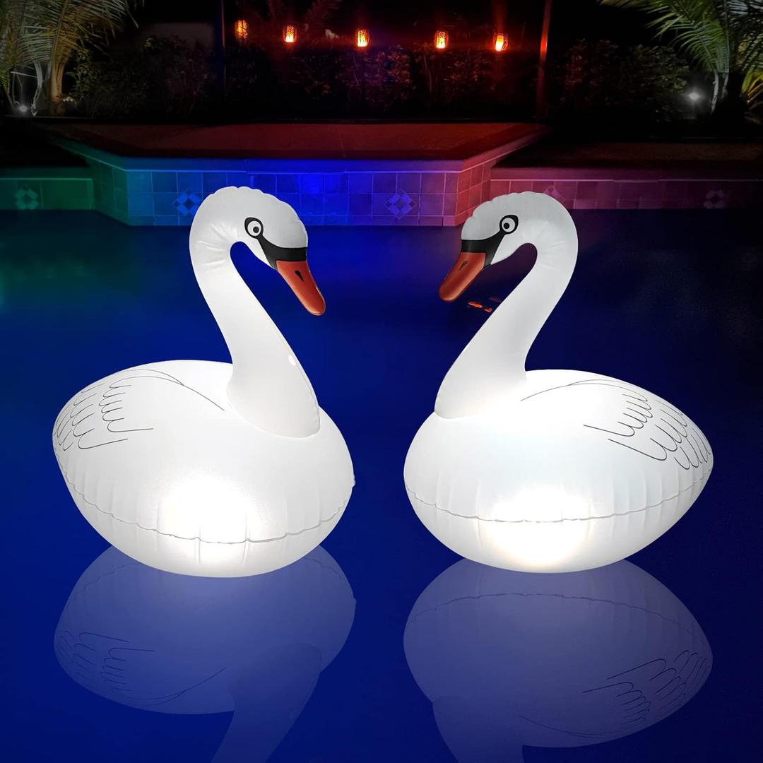 Goallim Floating Pool Lights 2PK, Waterproof Inflatable Swan Solar Pool Lights, Glow in The Dark Color Changing LED Pool Light that Float for Backyard Spa Patio Wedding Party Decor