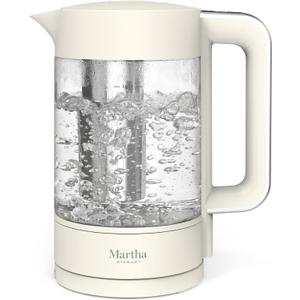 Martha Stewart Electric Kettle with Removable Stainless Steel Tea Infuser, Glass Carafe1.7L (7 Cups), Hot Water Boiler, 4 Presets, Keep Warm & Auto Shut-Off, Cordless 360 Swivel Base, Linen White
