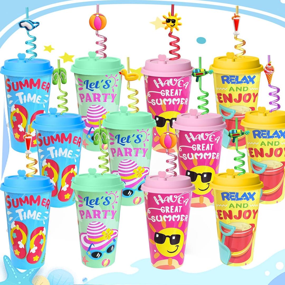24 Sets Pool Beach Birthday Party Decorations Cups with Summer Silly Straws Bulk, 16 OZ Pool Reusable Plastic Cups with Lids, Summer Party Favors Supplies for Kids