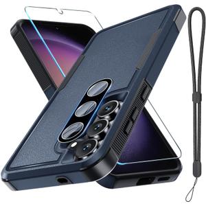 for Samsung Galaxy S25 FE Case with Screen Protector+Camera Lens Cover,Military Grade Heavy Duty Shockproof Phone Cover with Wrist Lanyard Strap for Samsung S25fe,Navy Blue