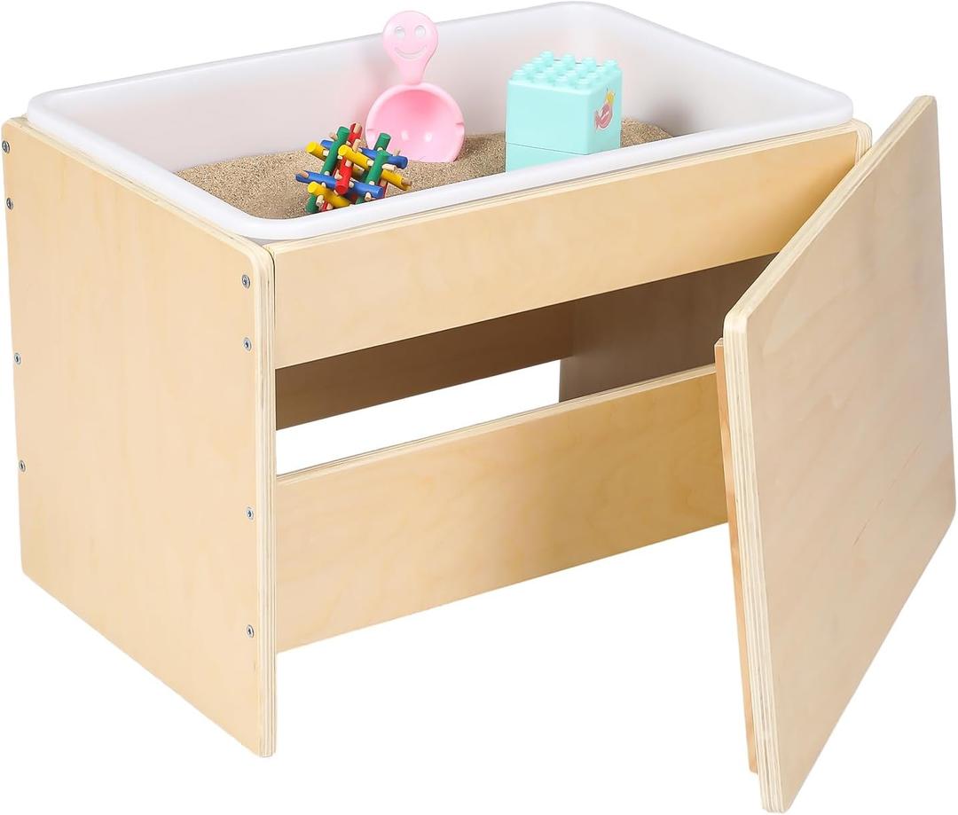 Wooden Sand and Water Table with Lid and White Plastic Bin for Toddler, Learning Tray for Picnic, Classroom and Backyard, Ages 3-5