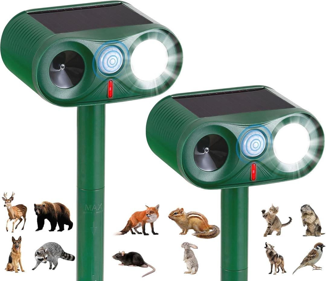 2Pack Solar Ultrasonic Animal Repeller with Strobe Light  for Gardens, Farms and courtyards Outdoor Deterrent for Raccoons, Deer, Squirrels, Cats, Skunks & Foxes (2PCS, Green)