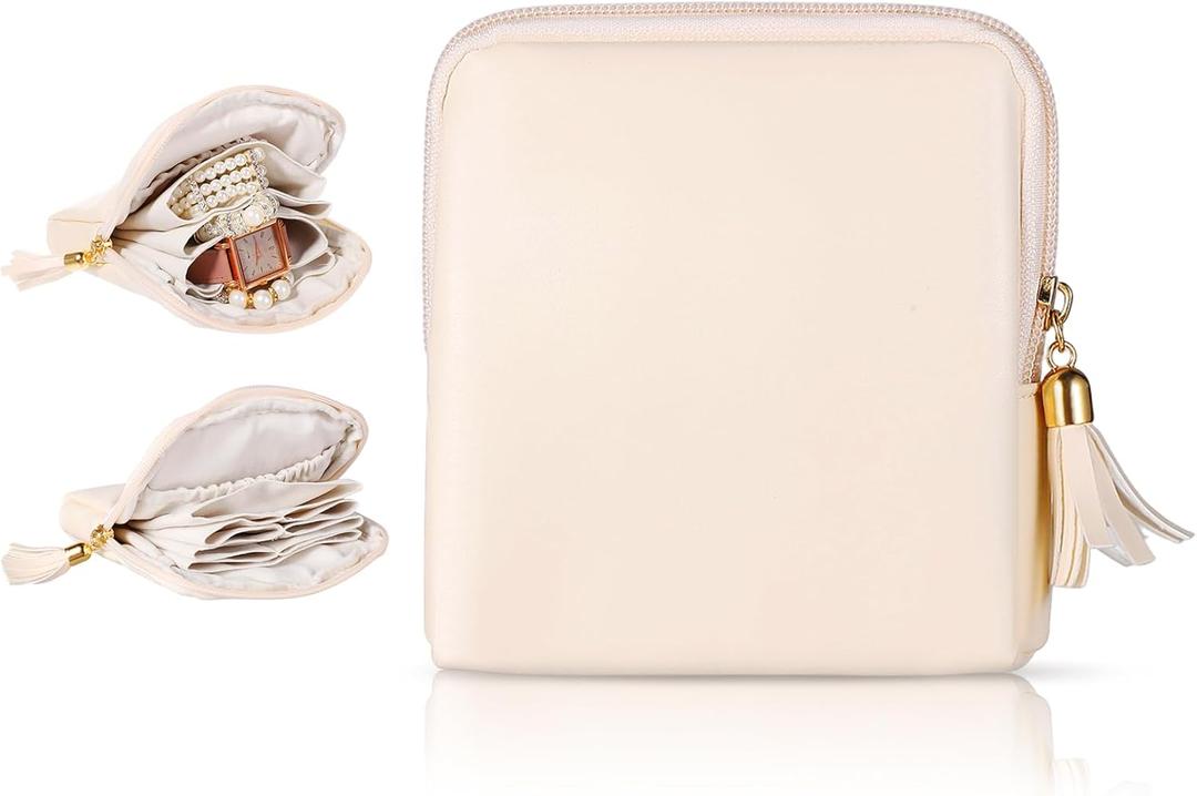 Tucnoeu Jewelry Pouch with Zipper, Small Travel Jewelry Case, Velvet Small Jewelry Organizer, Portable Mini Travel Jewelry Bag for Bracelet Rings Earring-Cream White (Beige)