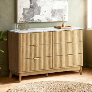 47" Fluted Dresser for Bedroom with Arc-Shaped Corner,6 Drawers,Modern Chest of Drawers with Metal Handle, Wood Closet Clothes Storage Organizer with Curved Edges for Bedroom,Natural