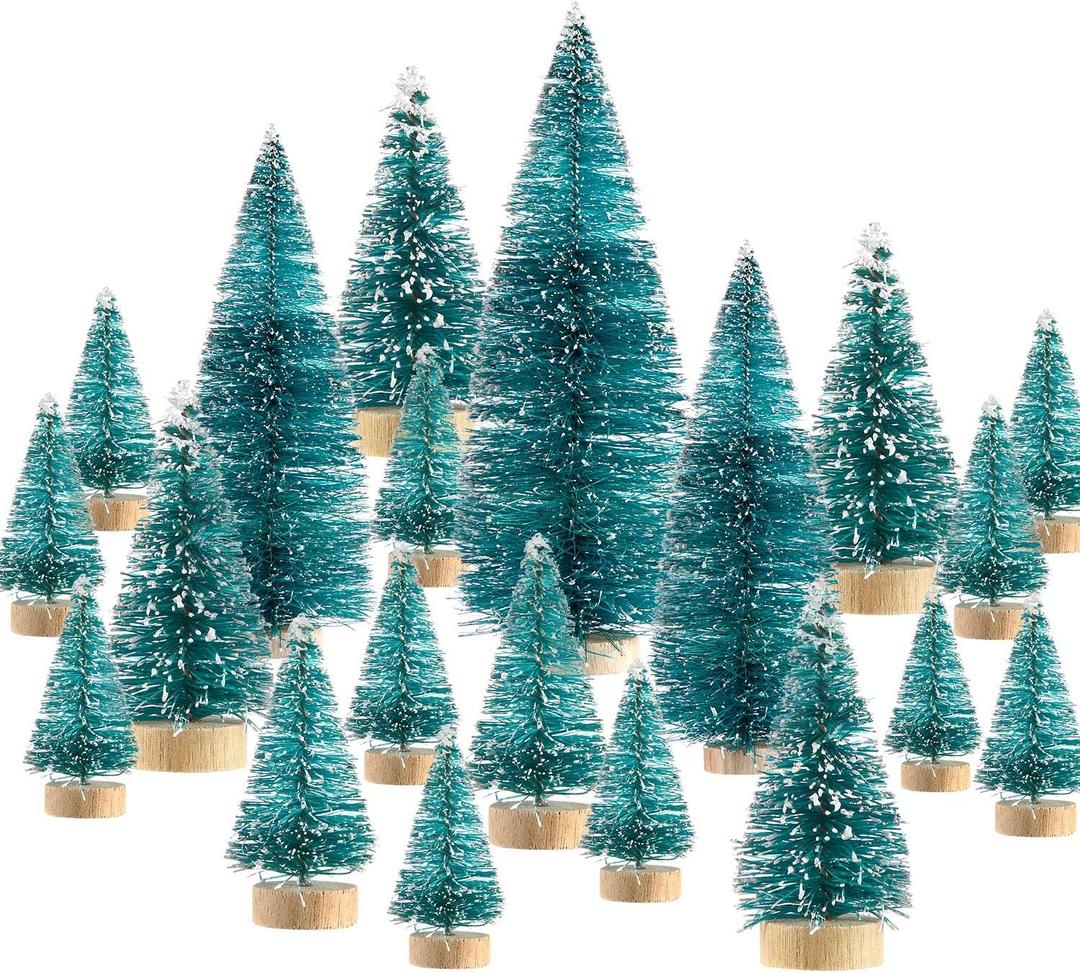 SATINIOR 60 Pieces Artificial Mini Christmas Tree Sisal Snow Trees Bottle Brush Christmas Trees Pine Trees Ornaments with Wooden Base for Christmas Party Home Decoration (6 Sizes, Blue Green)