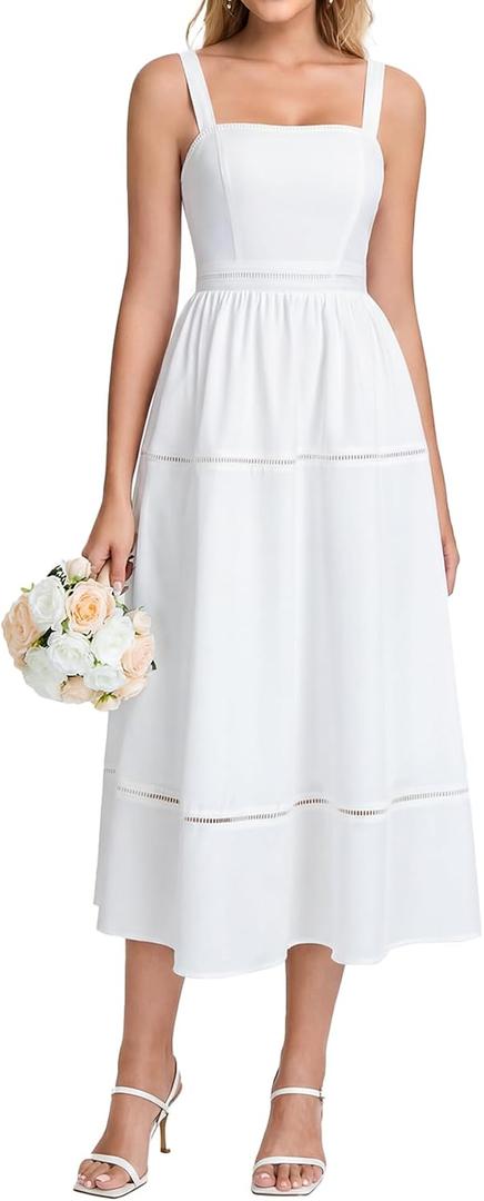 KUTUMAI Floral Corset Midi Dress Flowy Summer Tea Party Wedding Guest Dresses for Women 2026 (White, M)