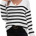 Zeagoo Womens Sweaters Fall Trendy Casual Long Sleeve Shirt Lightweight V Neck Off Shoulder Crochet Pullover Top Outfit (X-Large, White Stripe)