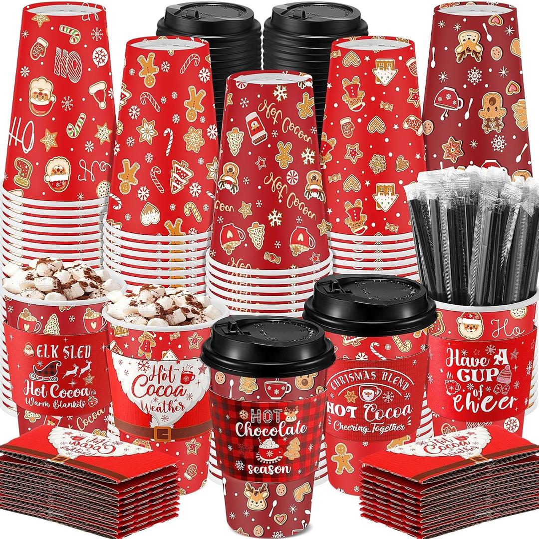 Ziliny 100 Sets Christmas Paper Coffee Cups with Sleeve and Lid Straw Hot Chocolate Cocoa Cups Xmas Holiday Party Supplies for Hot Drinks Cold Beverage Cafe Shop Office(16 oz, Gingerbread Man)