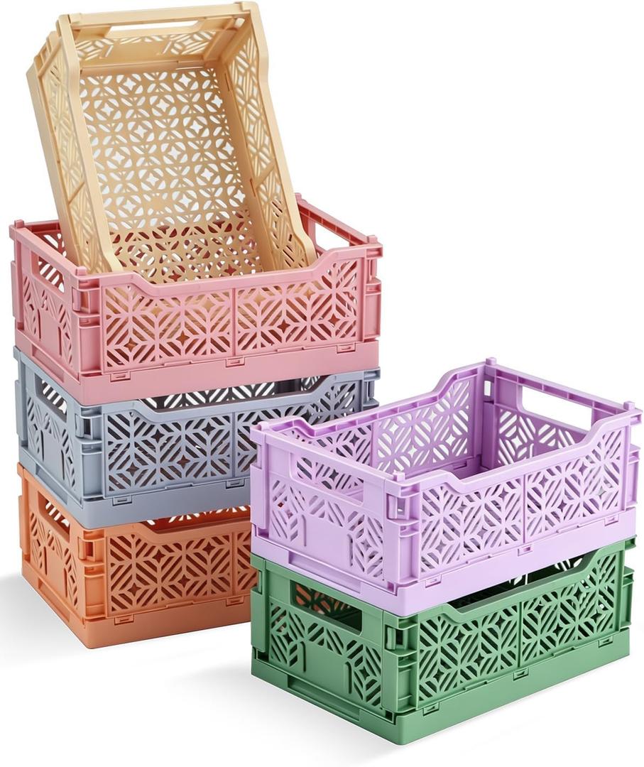 6 Pack Small Pastel Plastic Storage Baskets,Mini Collapsible Storage Bins for Desk Drawer Organizer,Colorful Folding Crates for Craft Supplies,Space Saving Containers for Home Office Dorm(8.6×5.8×3.5)