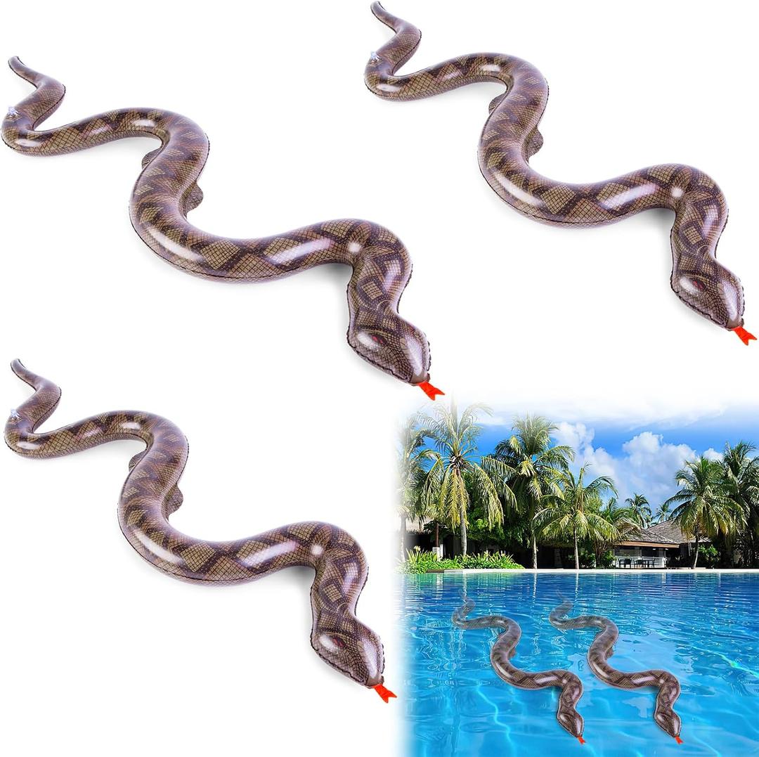 FUTUREPLUSX 3PCS Large Inflatable Snakes, Fake Snake Pool Floats Blow Up Snakes Birds Deterrent for Garden Pool Summer Halloween Trick Toys (Dark Brown)