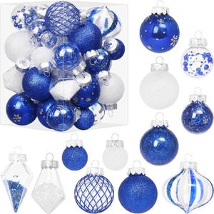 Christmas Ball Ornaments Set, 34PCS Clear Plastic Shatterproof Christmas Ornaments for Xmas Tree Hanging Decorations, for Indoor Home Thanksgiving Winter Party Decor - Blue/White.